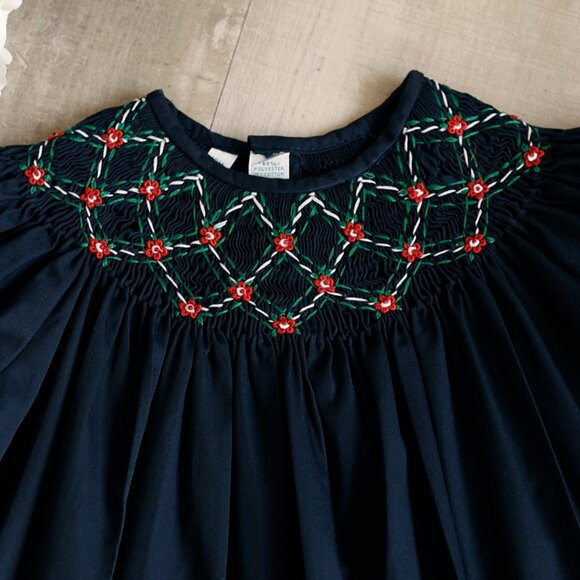 Navy Smocked Feltman Brothers Bishop Dress Red Green Embroidery NEW With Tag - Picture 2 of 5